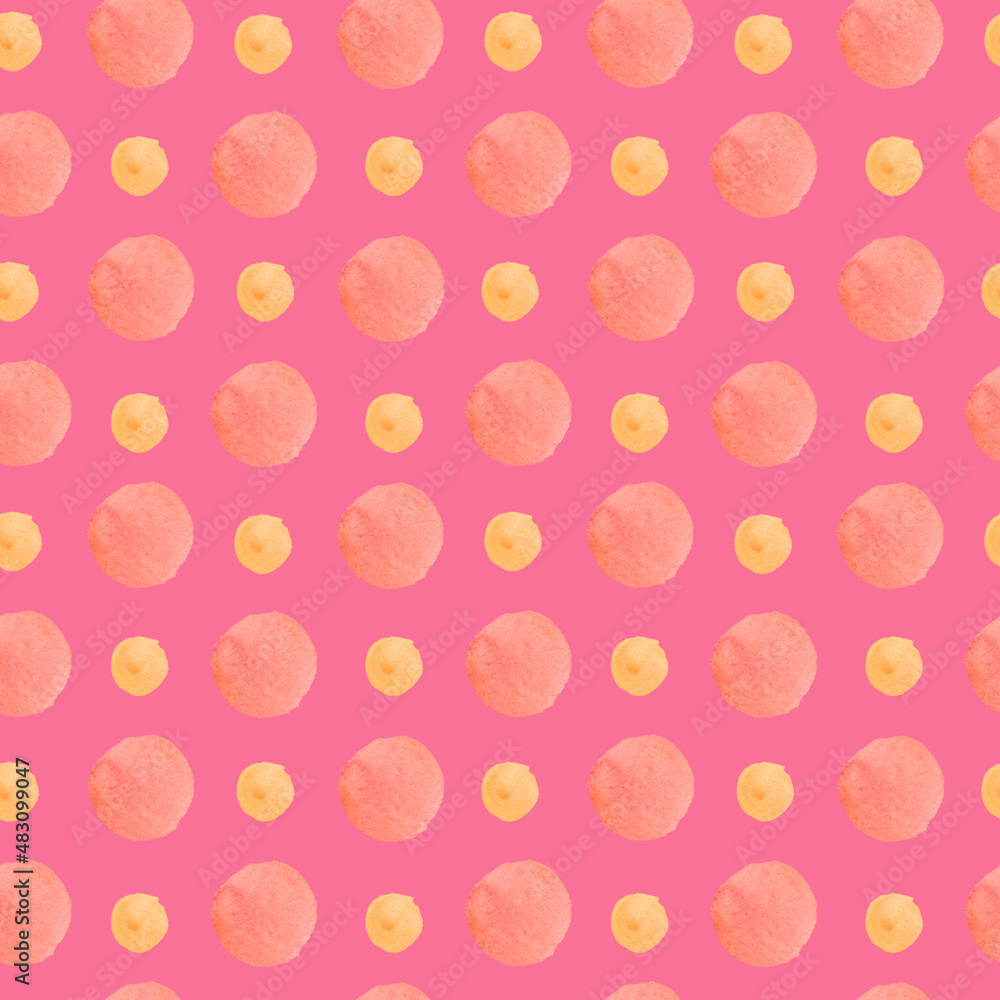 Watercolor seamless pattern with abstract spots on pink background in doodle.Textured, bright, print with shapes