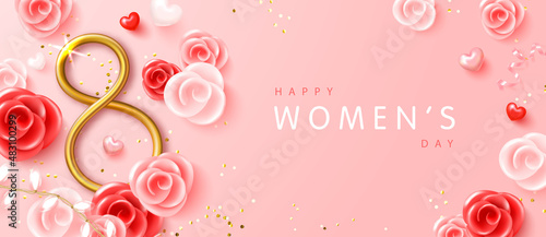 Happy Womens day poster with metal number, hearts, roses, garland and confetti.Greeting card for March 8.International womens day background.Vector illustration
