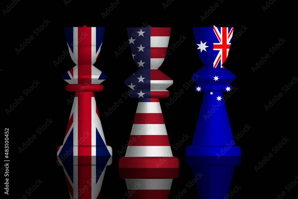 3D Illustration of the competition between Aukus, is a trilateral security pact between Australia, the United Kingdom and the United States against China painted on chess pieces. 3D rendering