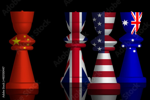3D Illustration of Aukus, is a trilateral security pact between Australia, the United Kingdom and the United States in the Indo-Pacific painted on chess pieces. 3D rendering