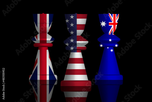 Obraz na płótnie 3D Illustration of the competition between Aukus, is a trilateral security pact between Australia, the United Kingdom and the United States against China painted on chess pieces. 3D rendering w salonie