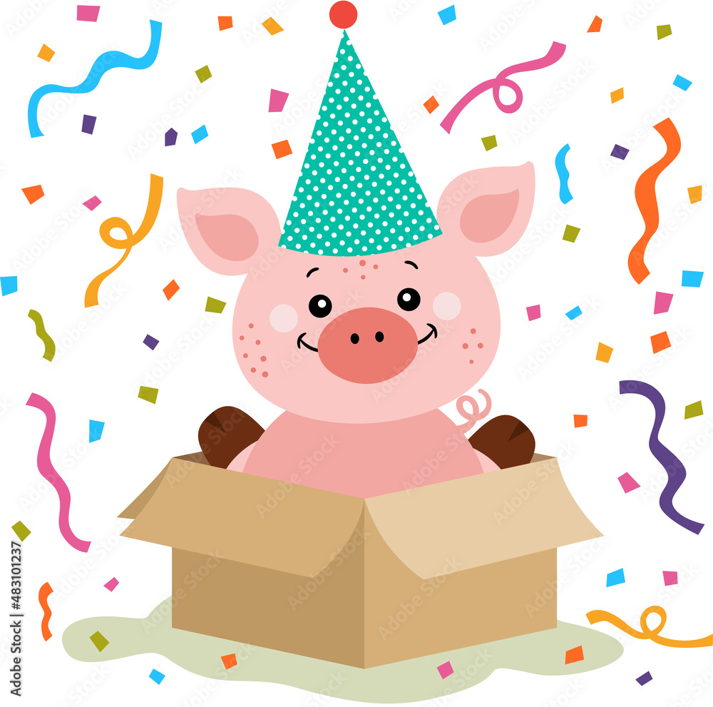 Naklejka premium Cute birthday pig in gift box