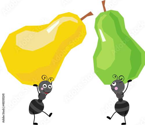 Cute two ants carrying a funny pears