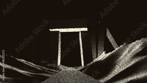 Ancient ruins in sci-fi scene with dotwork retro style. Mysterious gate debris with dramatic lights and retro texture