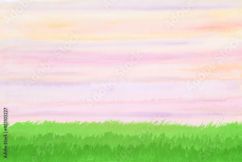 草原と春色の空水彩背景