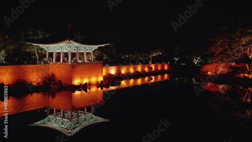 Gyeongju, South Korea - Nov 2021 : Gyeongju travel Donggung Palace, Pavilion in Anapji lake at night . Gyeongju, South Korea. photo