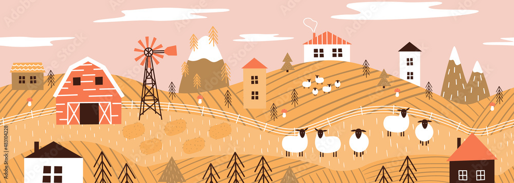 Seamless vector banner with rural panoramic scene. Countryside village ...