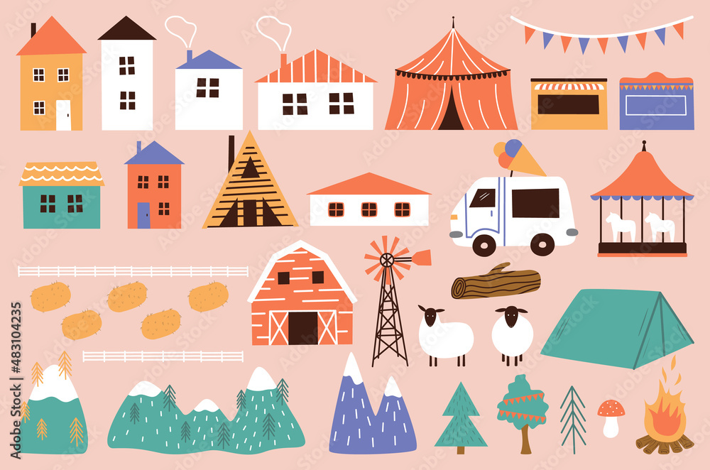 Set of landscape vector elements for design and decoration. Agriculture, camping, fair, village objects in cute hand drawn style. Abstract country collection with houses, barn, tent, mountains