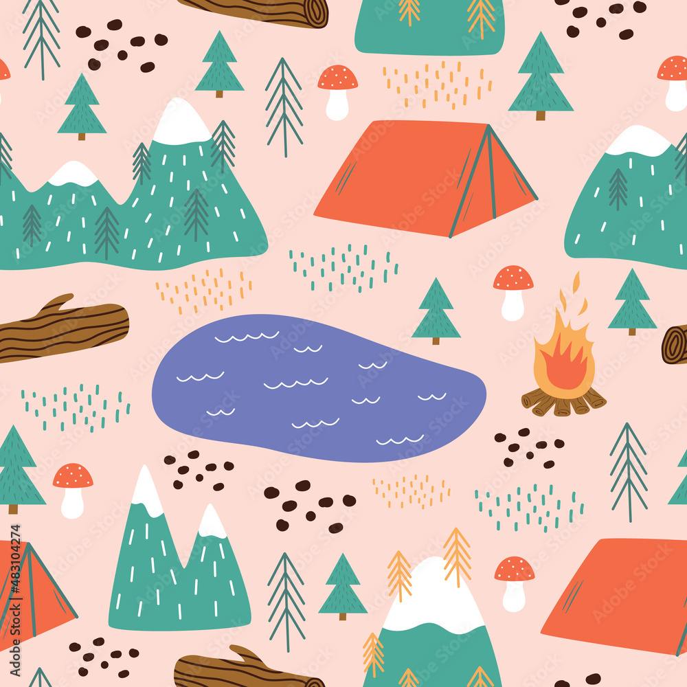 Vector seamless pattern of abstract forest with pine trees, tent, campfire, river and mountains. Cute doodle camping background