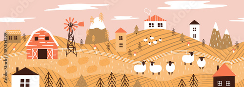 Seamless vector banner with rural panoramic scene. Countryside village with farm, meadow, sheep herd, houses, mountains, windmill. Abstract background with scandinavian landscape
