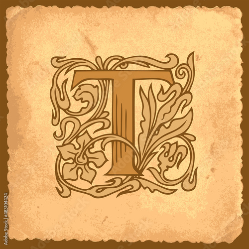 Ornate vector initial letter T in vintage style with fairy tale decoration on an old paper. Beautiful capital letter T suitable for monogram, logo, emblem, greeting card, invitation or label design