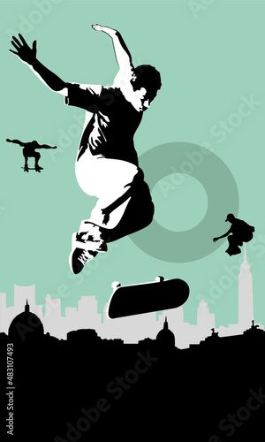 ragazzo con skateboard ollie salto acrobazia sport estremo strada città skate flip trick bravura skyline composizione