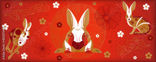 Background with rabbits and cherries for chinese new year or mid autumn festival. Suitable for banner, web, poster, greeting card, invitation. Vector illustration.