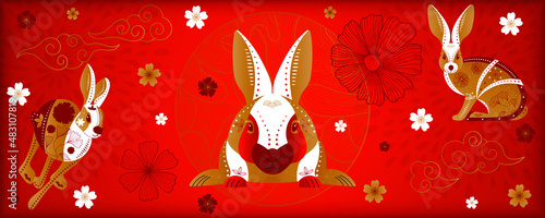 Background with rabbits and cherries for chinese new year or mid autumn festival. Suitable for banner, web, poster, greeting card, invitation. Vector illustration.