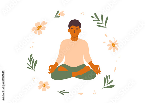 Young male meditating sitting lotus pose. Mindfulness meditation, practice, inner harmony, balance mind, body, soul. Man among flowers, plants. Self care, zen, relax. Outdoor yoga vector illustration