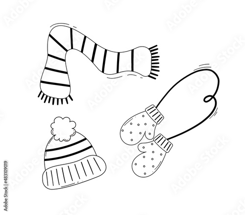 A set of winter clothes, a scarf, a hat, mittens. Vector illustration with items of clothing for cold weather 