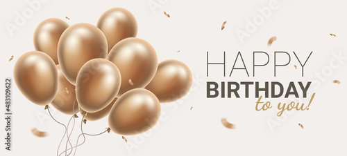 Vector happy birthday illustration with flying realistic golden color bunch of air balloon with confetti and text. Beautiful holiday template design with balloon on light background