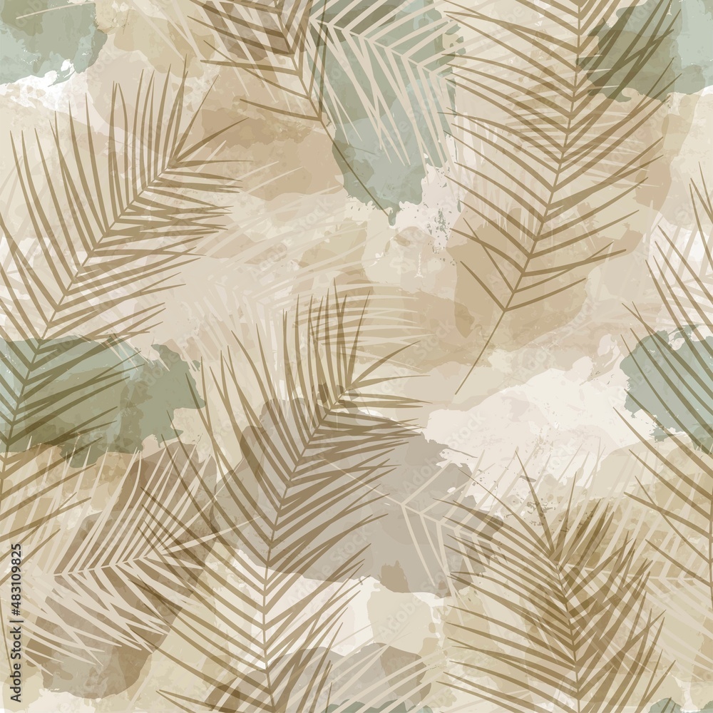 Tropical pattern, palm leaves seamless vector background. Exotic plant on watercolor stains artistic jungle print. Leaves of palm tree. brush texture