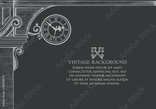 Vintage banner or background with round street clock, medieval arch, old keys and place for text on a black backdrop. Hand-drawn vector illustration in retro style, suitable for certificate or diploma