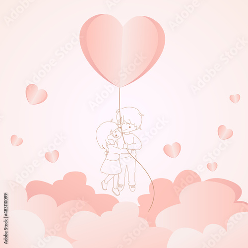 Hearts balloons with couple flying on pink background.