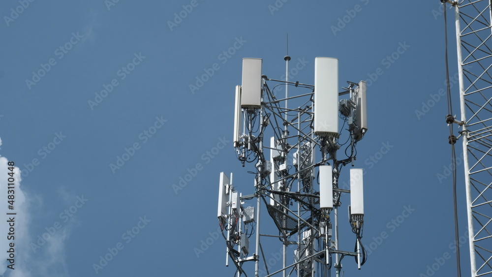 Cellular tower for 3g, 4g, 5g radio transmitter. Communication antenna. Wireless telecommunication technology.