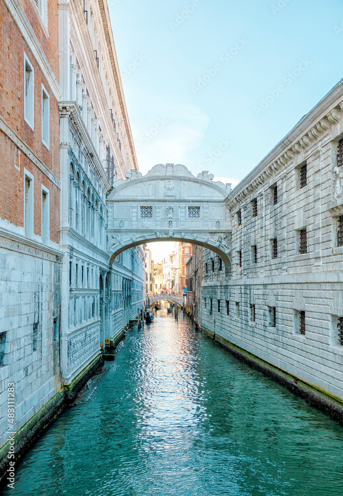 Beautiful view of the Bridge of Sighs on one of the Venetian canal near San Marc Square in Venice, Italy