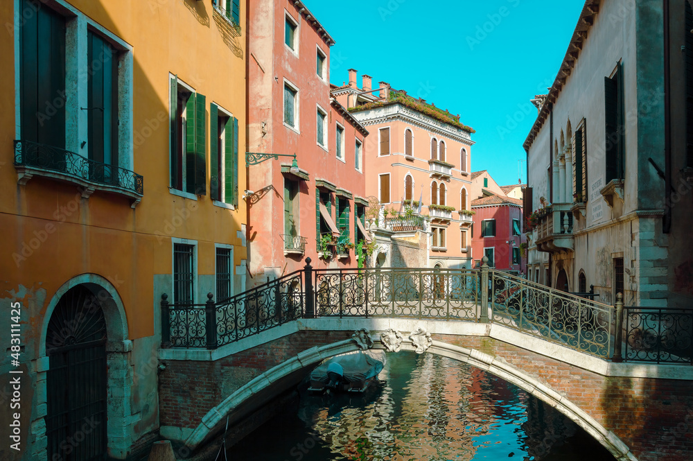 Romantic Venetian street with bridge, close to the city center, Venice, Italy