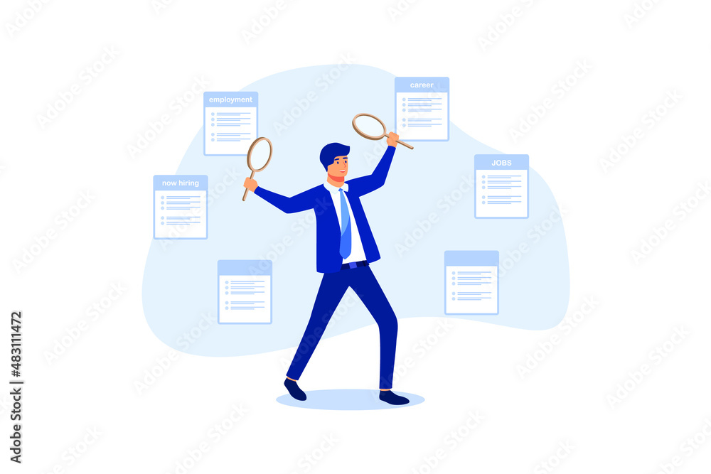 Job seeking, search for new career and opportunity, smart businessman using magnifying glass in both hands searching for new hiring career. flat vector illustration Job seeking, search for new career and opportunity, smart businessman using magnifying glass in both hands searching for new hiring career. flat vector illustration