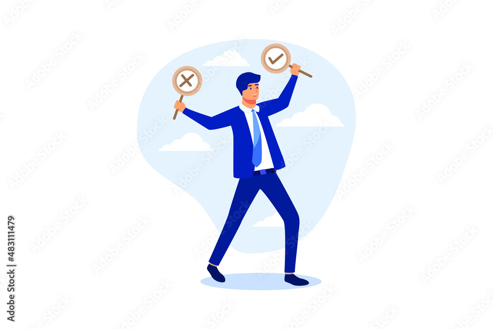 Business decision right or wrong, true or false, correct and incorrect, moral choosing option concept, thoughtful businessman holding right or wrong of left and right hand while making decision. Business decision right or wrong, true or false, correct and incorrect, moral choosing option concept, thoughtful businessman holding right or wrong of left and right hand while making decision.