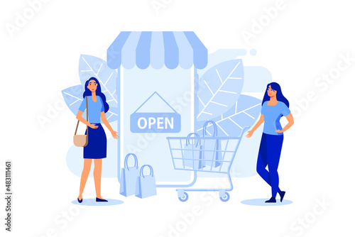women with shopping cart and commercial vector flat illustration