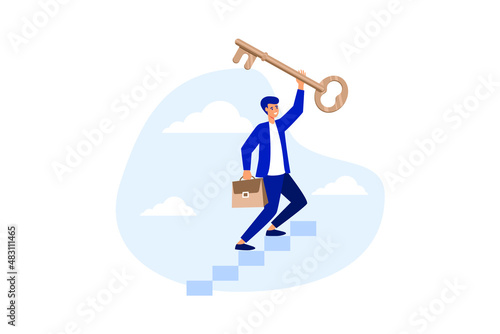 Key to business success, stairway to find secret key or achieve career target concept, businessman winner walk up to top of stairway lifting golden success key to the sky. flat vector illustration 