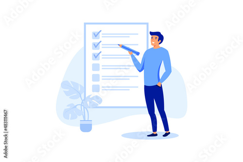 finishing project tasks or work done conclusion, project management or process plan concept, smart businessman using pen to check on project list checkbox marked as completed. flat vector illustration