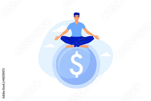 Financial guru or expert, behavioral finance mindfulness for wealth management, money and investment advisor concept, smart businessman meditate and floating on big golden money dollar coin.