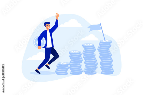 Start invest in stock market, young adult office man carrying money coin start step on compound money stack. flat vector illustration 