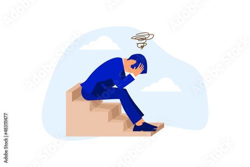 Regret on business mistake, failure concept, frustrated businessman holding his head sitting alone  flat vector illustration 