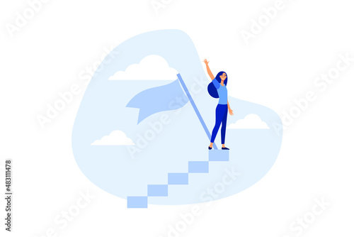 Success female entrepreneur, woman leadership or challenge and achievement concept, success businesswoman on top of career staircase holding winning flag looking for future visionary. flat vector