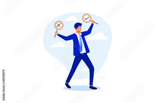 Business decision right or wrong, true or false, correct and incorrect, moral choosing option concept, thoughtful businessman holding right or wrong of left and right hand while making decision. 