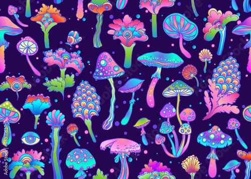 Colorful flowersl and mushrooms seamless pattern, retro 60s, 70s hippie style background. Vintage psychedelic textile, fabric, wrapping, wallpaper. Vector repeating magic floral illustration.