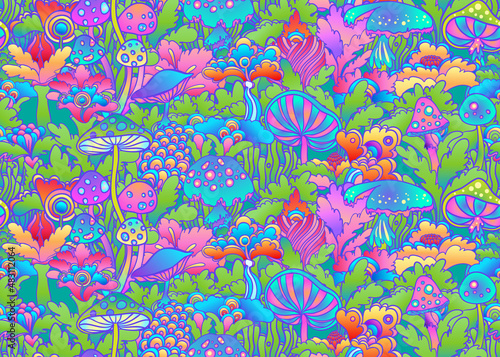 Colorful flowersl and mushrooms seamless pattern, retro 60s, 70s hippie style background. Vintage psychedelic textile, fabric, wrapping, wallpaper. Vector repeating magic floral illustration.