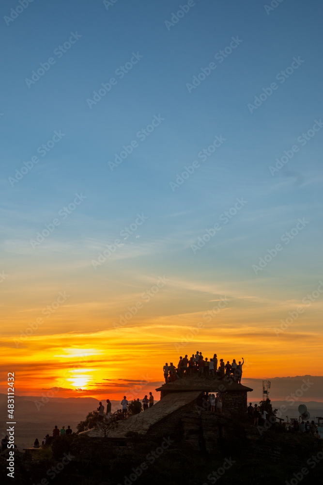 São Thomé das Letras, Minas Gerais, Brazil: sunset with people on top of the pyramid house