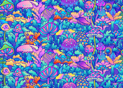 Colorful flowersl and mushrooms seamless pattern, retro 60s, 70s hippie style background фототапет