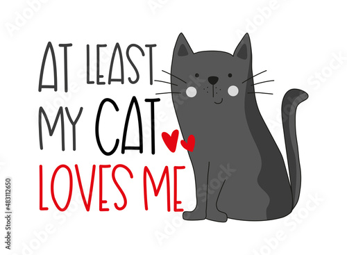 At least my cat loves me - funny text with cute hand drawn cat. Good for T shirt print, poster, card, label and other gifts design.