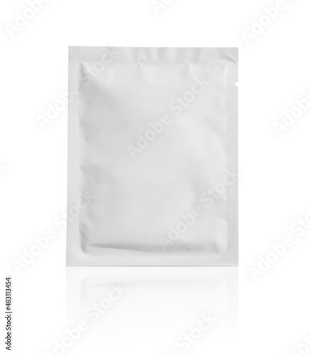 Blank white aluminium foil plastic pouch bag sachet packaging mockup isolated on white background photo