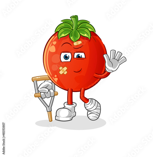 tomato sick with limping stick. cartoon mascot vector