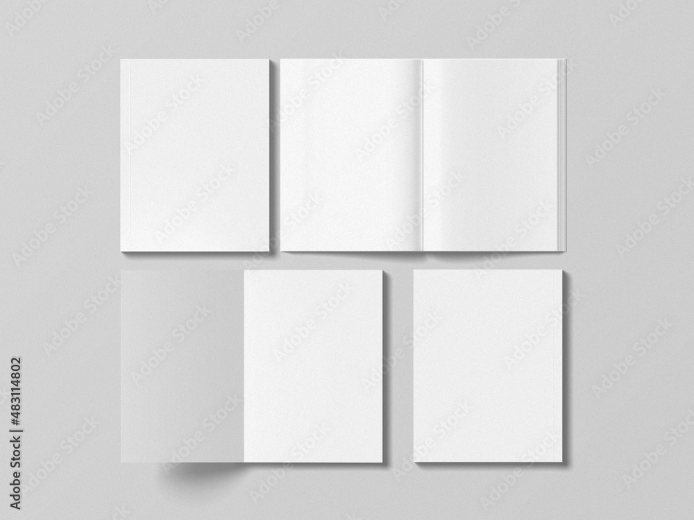 Blank closed and opened books, brochures, or magazines mockup. Realistic rendering object on gray background. US letter size standard Blank closed and opened books, brochures, or magazines mockup. Realistic rendering object on gray background. US letter size standard