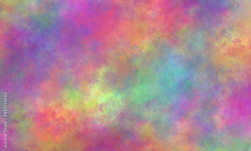 Abstract translucent watercolor background in purple, blue, green, pink and yellow tones. Copy space, horizontal banner.