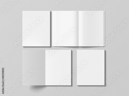 Blank closed and opened books, brochures, or magazines mockup. Realistic rendering object on gray background. US letter size standard