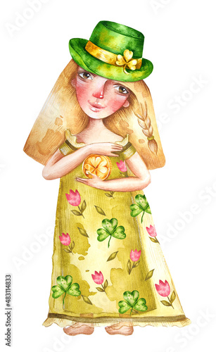 Cute girl. For St. Patrick's Day with a clover for good luck, a green dwarf hat by hand drawn in watercolor. Isolated white background