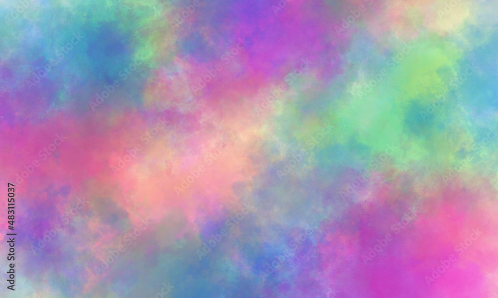 Abstract translucent watercolor background in purple, blue, green, pink and yellow tones. Copy space, horizontal banner.
