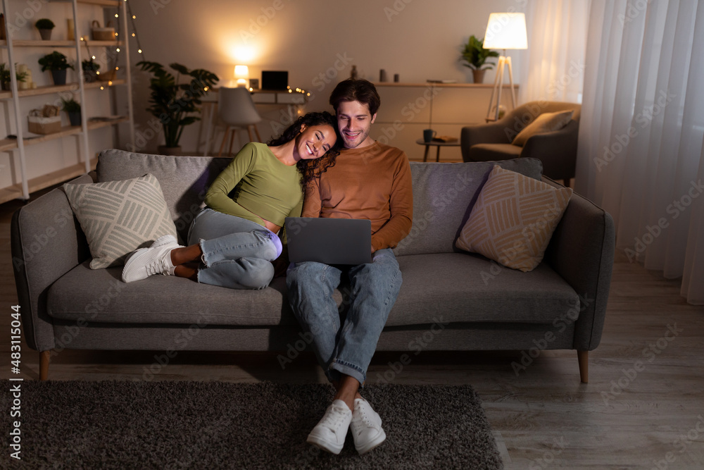 Obraz premium Relaxed Millennial Couple Using Laptop Watching Movie Online At Home